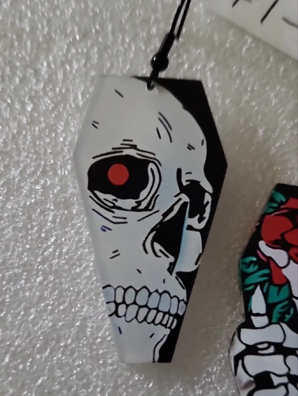 Hand Crafted Red Rose & Skull Coffin Earrings
